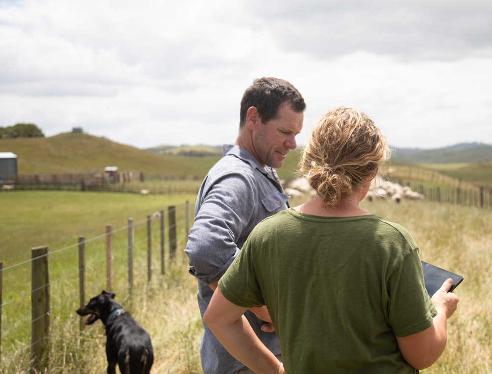 A man and a woman are reviewing plans on a tablet, while standing in a pasture with rolling hills in the distance.